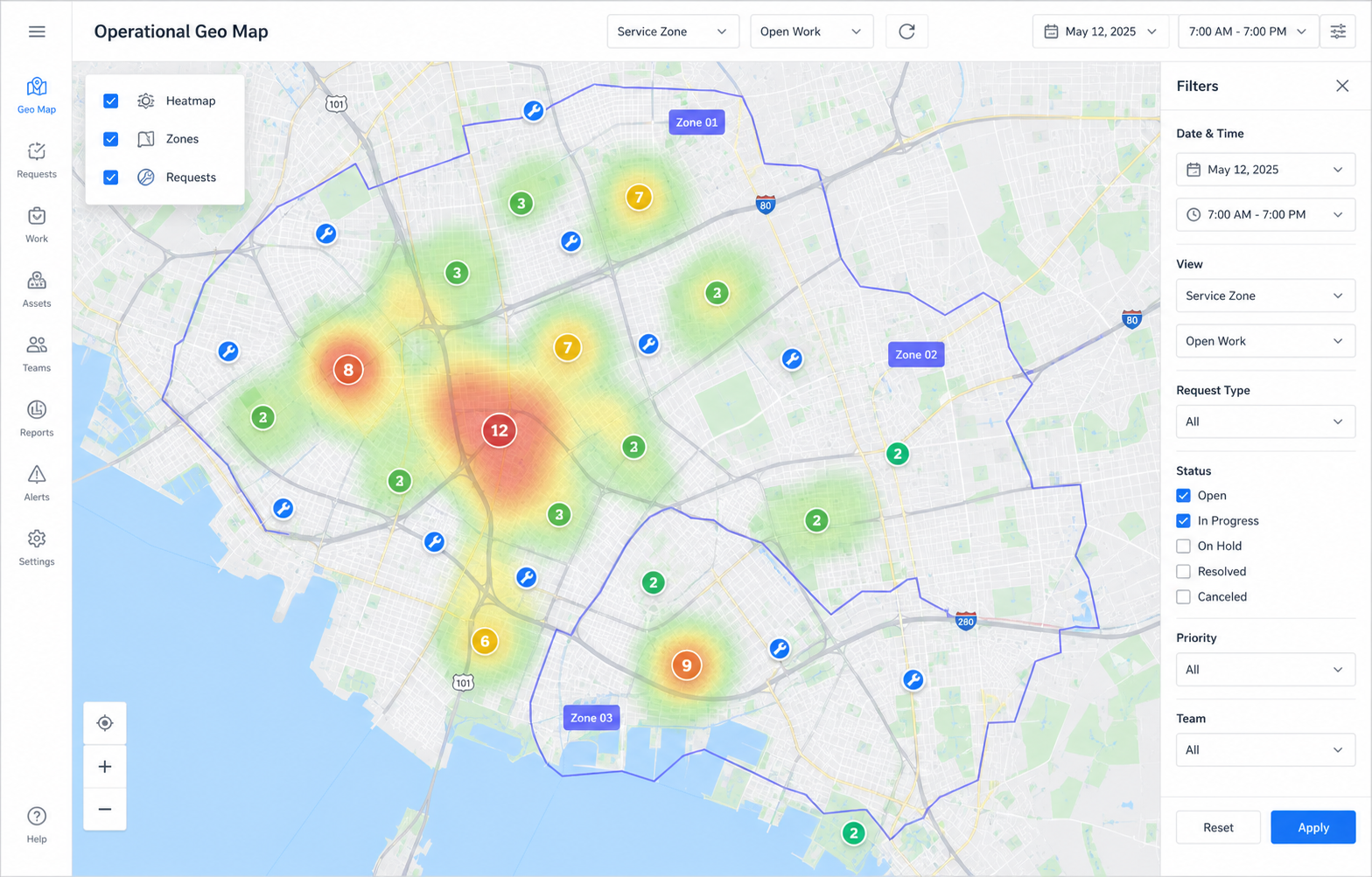 Moltaro location-aware operations map with heatmap, zones, filters, and work markers